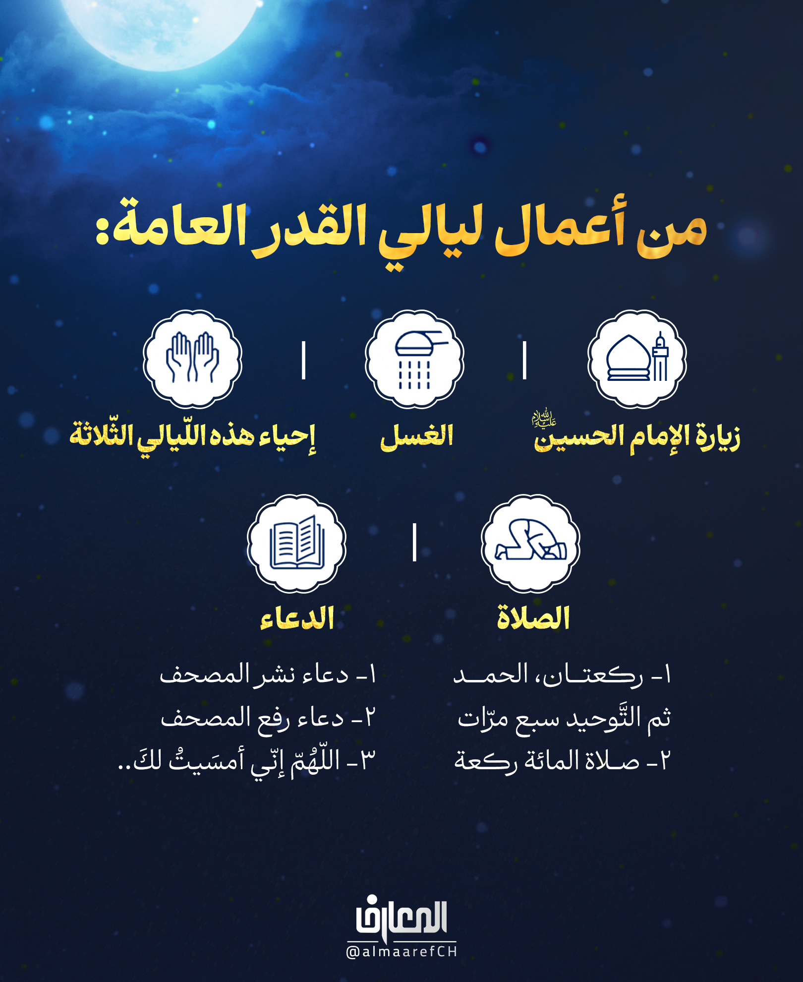 من أعمال ليالي القدر العامة:
الأول: الغُسل؛
الثاني: الصلاة؛
1- ركعتان، الحمد ثم التَّوحيد سبع مرّات. 2- صلاة المائة ركعة
الثالث: زيارة الإمام الحسين (عليه السلام)
الرابع: إحياء هذه اللّيالي الثّلاثة
الخامس: الدعاء؛
1- دعاء نشر المصحف؛ 2- دعاء رفع المصحف؛ 3- اللّهُمّ إنّي أمسَيتُ لكَ عَبداً داخِراً..