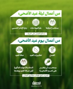 من أعمال ليلة ويوم عيد الأضحى

ليلة عيد الأضحى:

1- يستحب إحياؤها، حيث تفتح فيها أبواب السماء

2- ومن المسنون فيها زيارة الإمام الحسين (ع)

3- يقرأ فيها دعاء: يا دائِمَ الفَضلِ عَلى البَريَّةِ …

يوم عيد الأضحى:

1- الغُسل

2- صلاة العيد

3- يستحب أن يفطر على لحم الأضحية

4- تكبيرات العيد

5- الدعاء بالدّعوات المأثورة قبل صلاة العيد وبعدها

للمزيد راجع كتاب مفاتيح الجنان